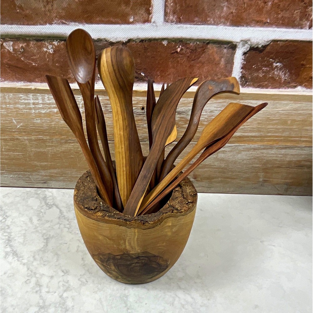 Rustic 11pc Wood Utensil Set Medium Brown Matte w/ Holder Spoon Fork Spatula
